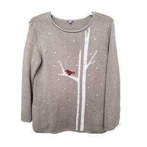 J Jill Cotton/Yak Fiber/Wool Blend Brown Sequined Cardinal Snowflake Sweater MED